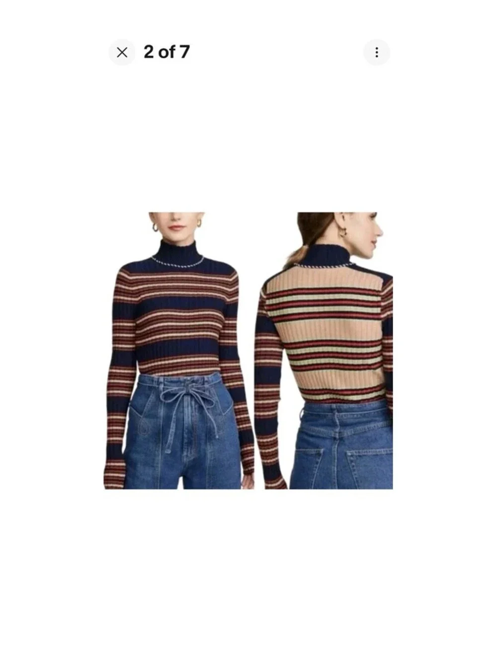 Tory Burch Striped Ribbed Turtleneck Sweater XL Blue Tan Merono Wool Stretch